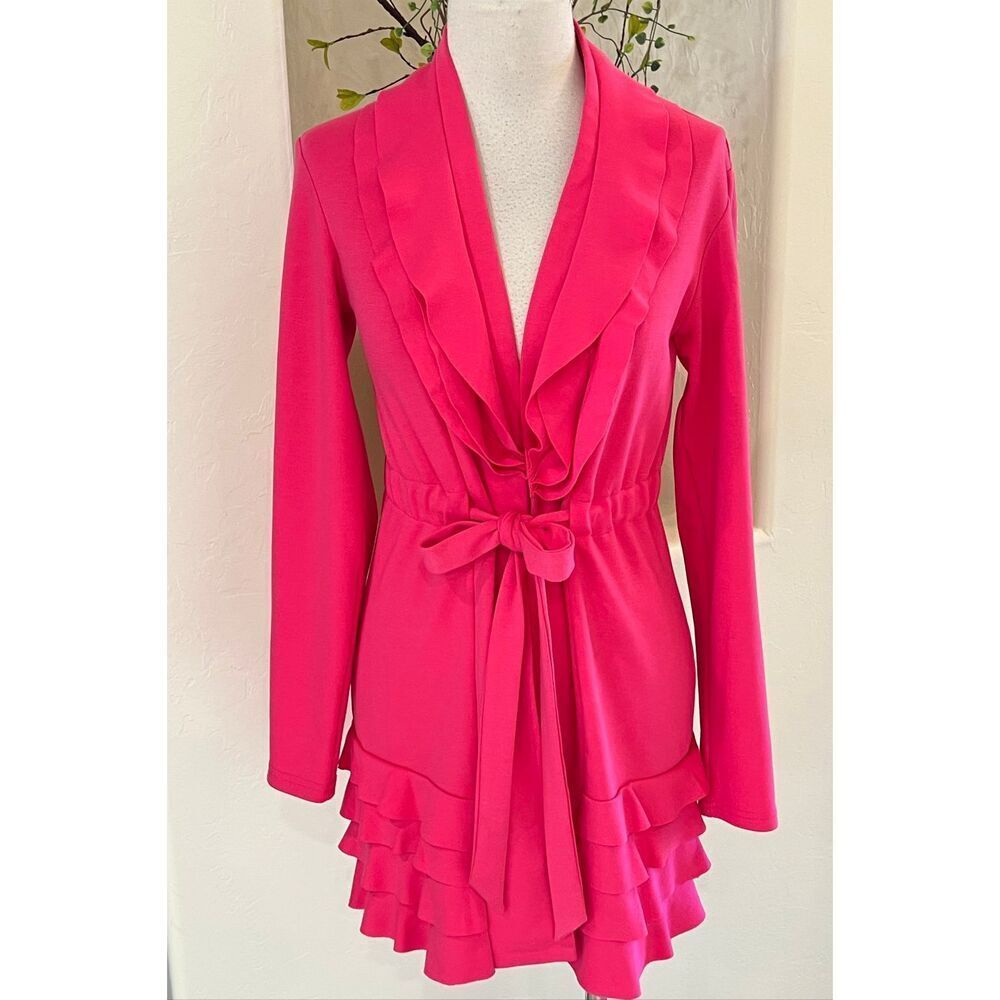 Cupio Women's Long Sleeve Tie Waist Ruffle Shirt Dress Hot Pink Size Small
